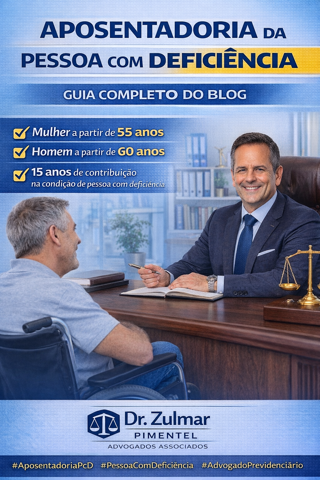 REGRAS PARA APOSENTADORIA PCD – Pessoa com Deficiência As regras da aposentadoria da Pessoa com Deficiência (PcD) são por idade (homem: 60 anos, mulher: 55, com 15 anos de contribuição PcD) ou por tempo de contribuição, que varia conforme o grau da deficiência (leve, moderada, grave), exigindo tempo de contribuição menor do que a regra comum, como 25 anos (homem grave) ou 20 (mulher grave), e 33 anos (homem leve) ou 28 (mulher leve). É fundamental comprovar a deficiência durante o período de contribuição por meio de perícia no INSS. ________________________________________ 1. Aposentadoria por Idade (PcD) • Homens: 60 anos de idade + 15 anos de contribuição (180 meses) na condição de PcD. • Mulheres: 55 anos de idade + 15 anos de contribuição (180 meses) na condição de PcD. • Observação: O grau da deficiência é irrelevante para esta modalidade, mas exige 15 anos de contribuição exercidos como pessoa com deficiência. 2. Aposentadoria por Tempo de Contribuição (PcD) – Não tem idade, basta comprovar o grau da deficiência e o tempo. Os tempos são reduzidos de acordo com o grau da deficiência: • Deficiência Grave: o Homens: 25 anos de contribuição. o Mulheres: 20 anos de contribuição. • Deficiência Moderada: o Homens: 29 anos de contribuição. o Mulheres: 24 anos de contribuição. • Deficiência Leve: o Homens: 33 anos de contribuição. o Mulheres: 28 anos de contribuição. Como funciona a comprovação? • Perícia Biopsicossocial: O INSS realiza uma avaliação médica e social para determinar o grau da deficiência (leve, moderada ou grave) e o tempo de duração, conforme o modelo biopsicossocial, que considera não só o aspecto médico, mas também as barreiras sociais. • Documentação: Laudos, relatórios, exames médicos e outros documentos que comprovem a deficiência de longo prazo são essenciais. Dica Importante • A aposentadoria PcD geralmente é mais vantajosa que a comum, mesmo para quem preenche os requisitos da aposentadoria comum, por isso é importante buscar orientação de um advogado especialista em direito previdenciário para escolher a melhor opção.
